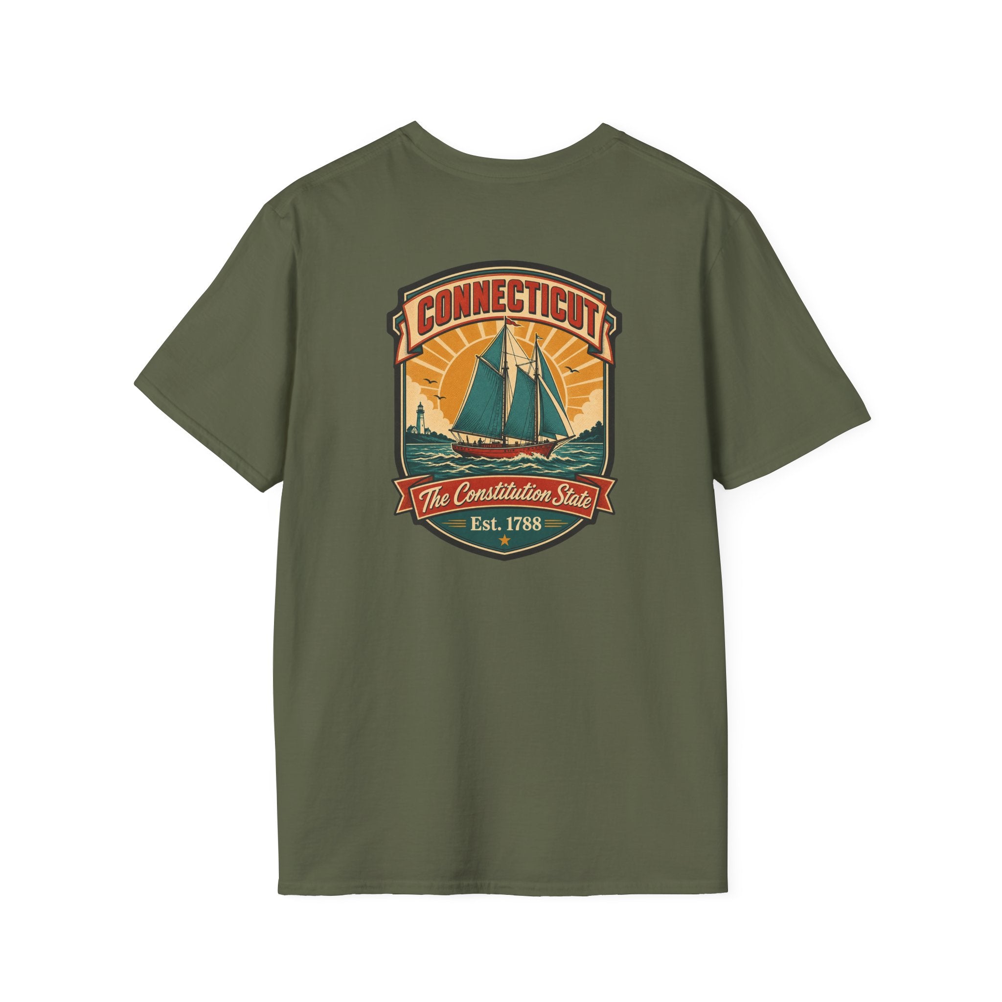 Military green T-shirt with Connecticut badge sailboat graphic on the chest
