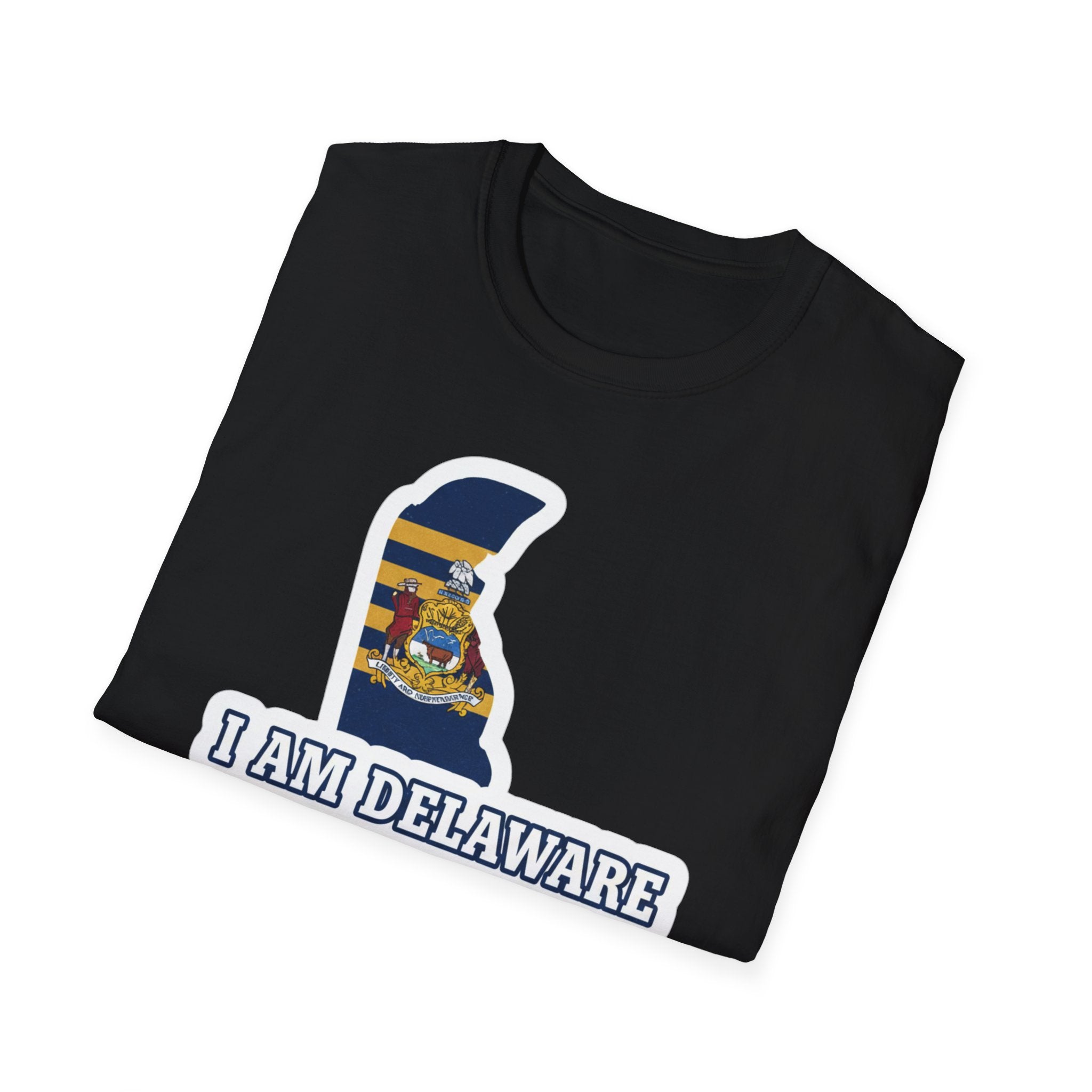 Black I Am Delaware T-shirt with Delaware outline flag graphic and 'I AM DELAWARE' text