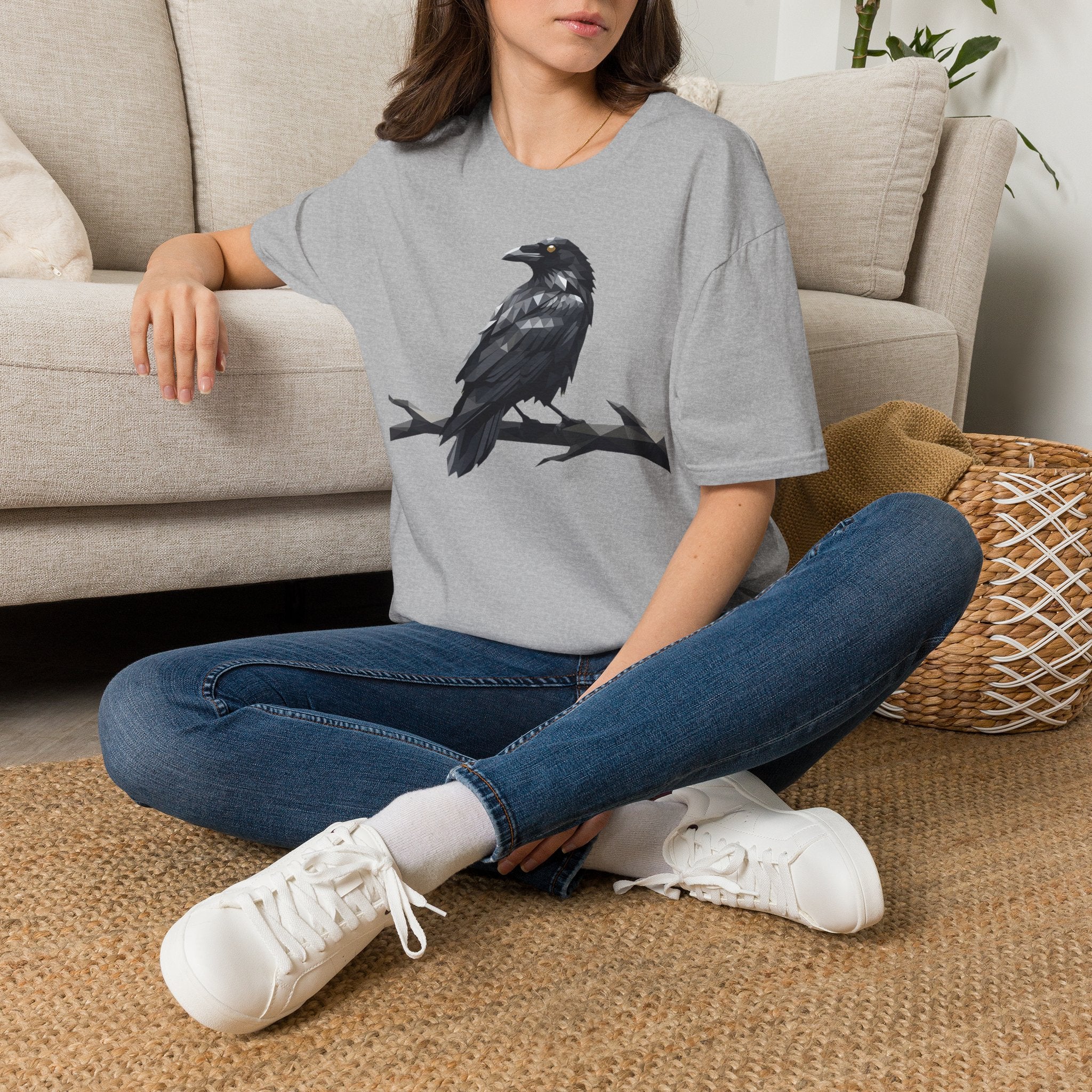 Gray t-shirt with black raven graphic on the front, crew neck short sleeves