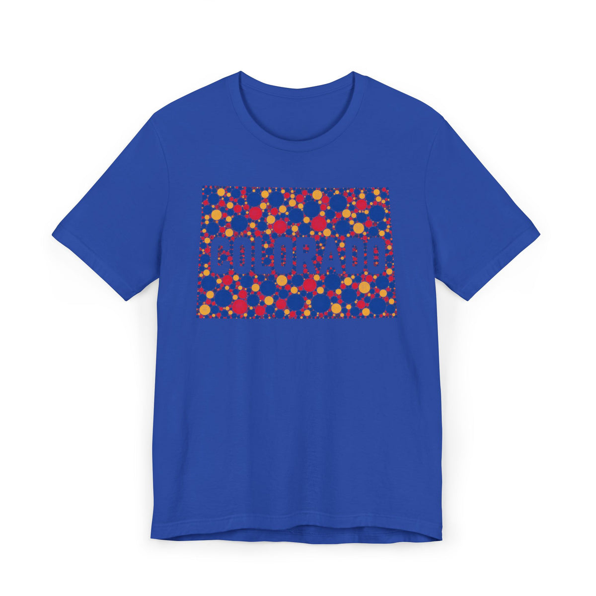 Royal blue crew-neck t-shirt with colorful patterned "COLORADO" graphic rectangle