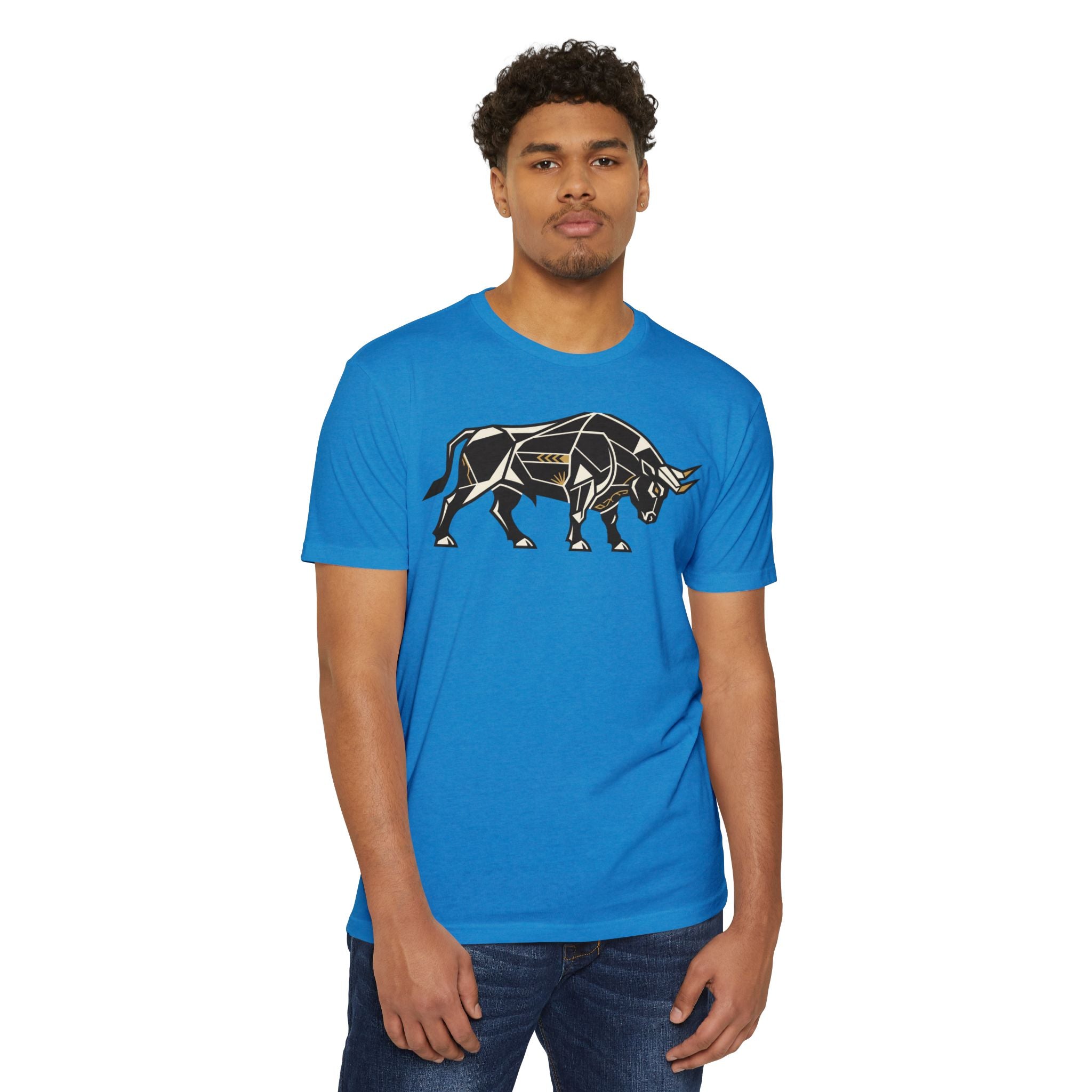 Blue bull graphic T-shirt with charging bull illustration on front