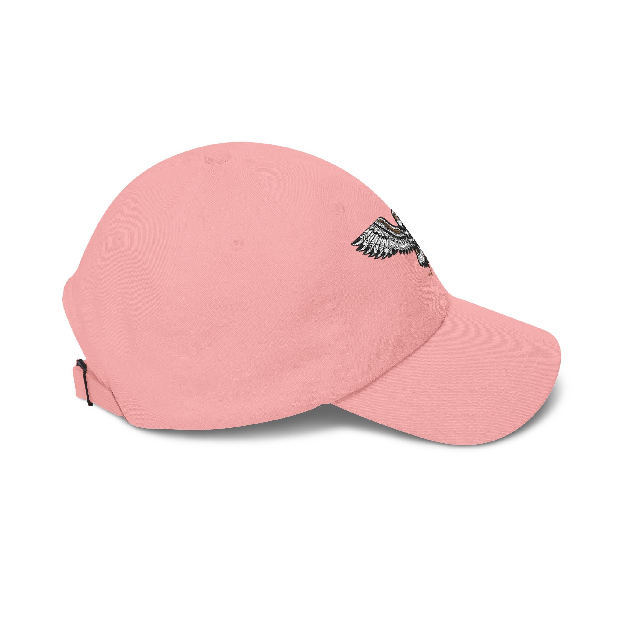 Pink baseball cap with embroidered eagle patch and side buckle strap tabs