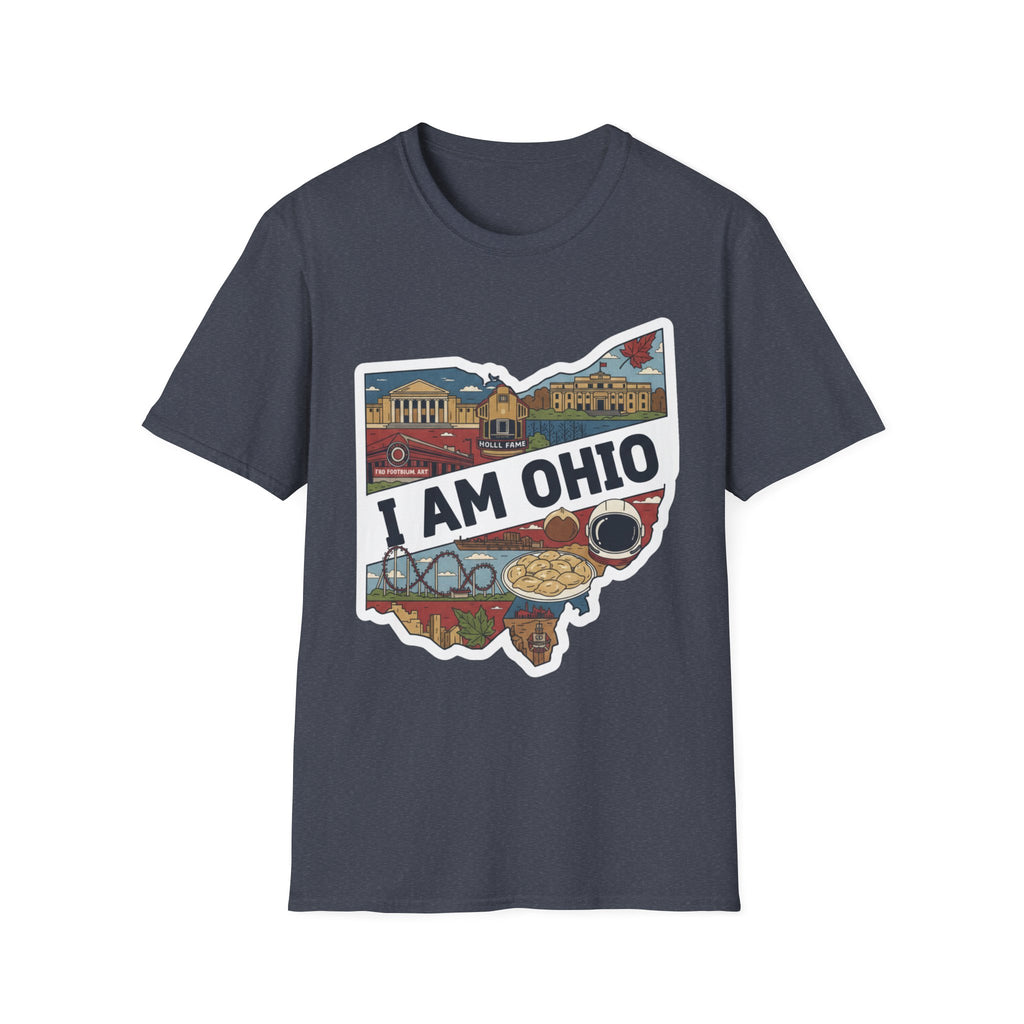 Heather Navy I Am Ohio T-shirt with Ohio map graphic and skyline collage