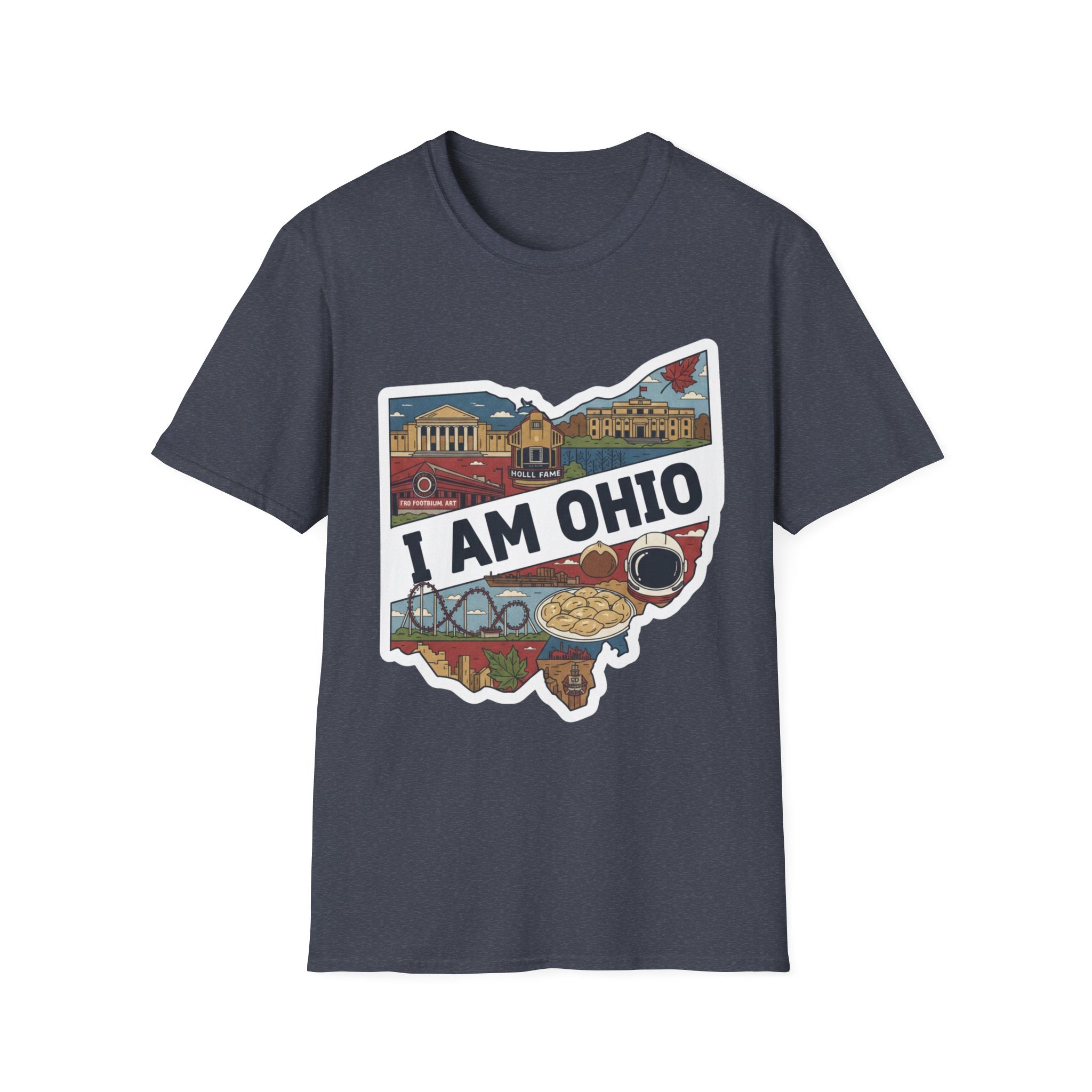 Heather Navy I Am Ohio T-shirt with Ohio map graphic and skyline collage
