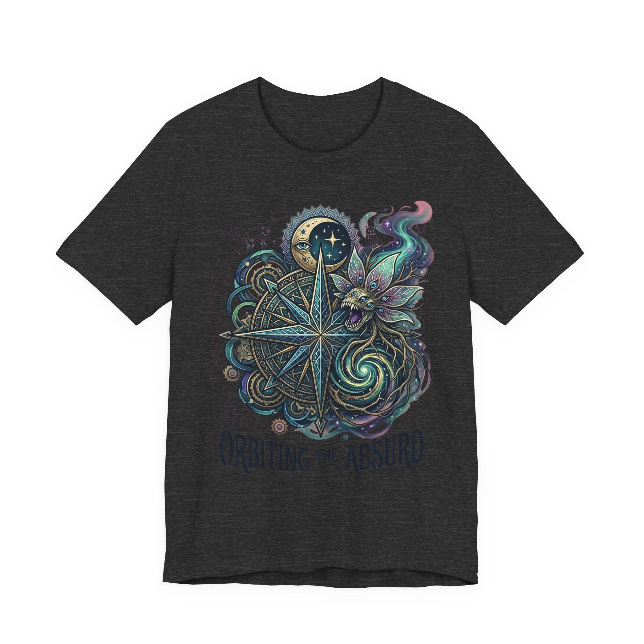 Dark gray unisex T-shirt with celestial compass owl design and “Orbiting the Absurd” text