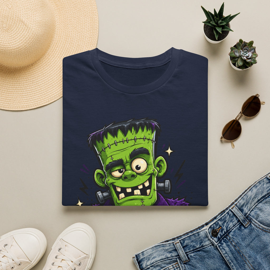 Navy crew-neck T-shirt with green Frankenstein-style monster face graphic
