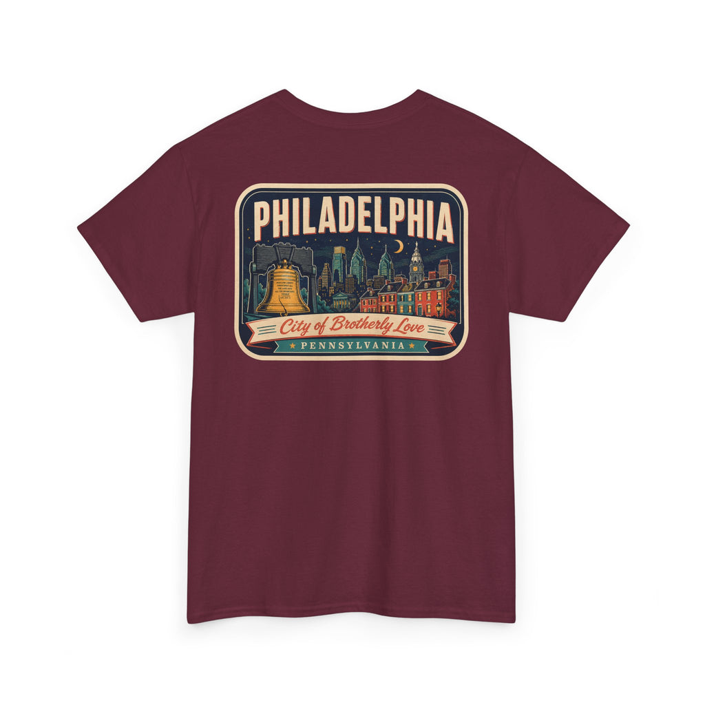 Maroon T-shirt with Philadelphia skyline luggage-tag graphic patch