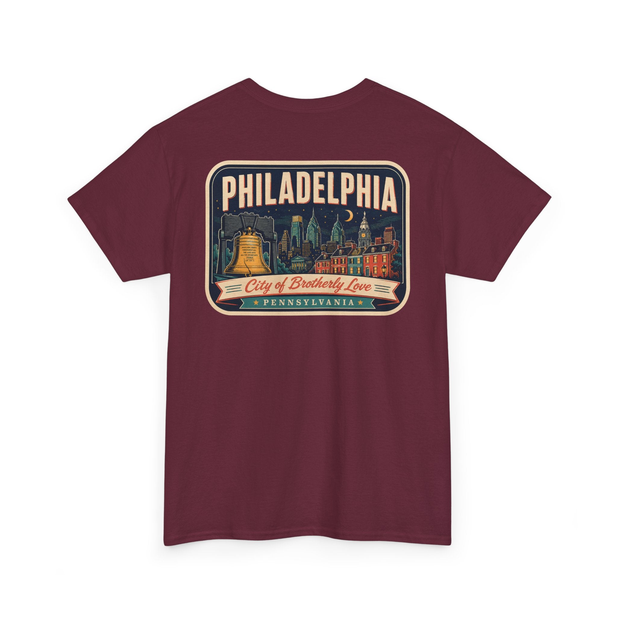 Maroon T-shirt with Philadelphia skyline luggage-tag graphic patch