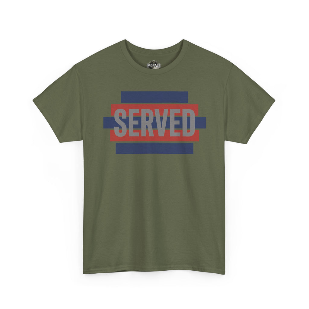 Military green T-shirt with 'SERVED' graphic in blue, red, and white stripes.