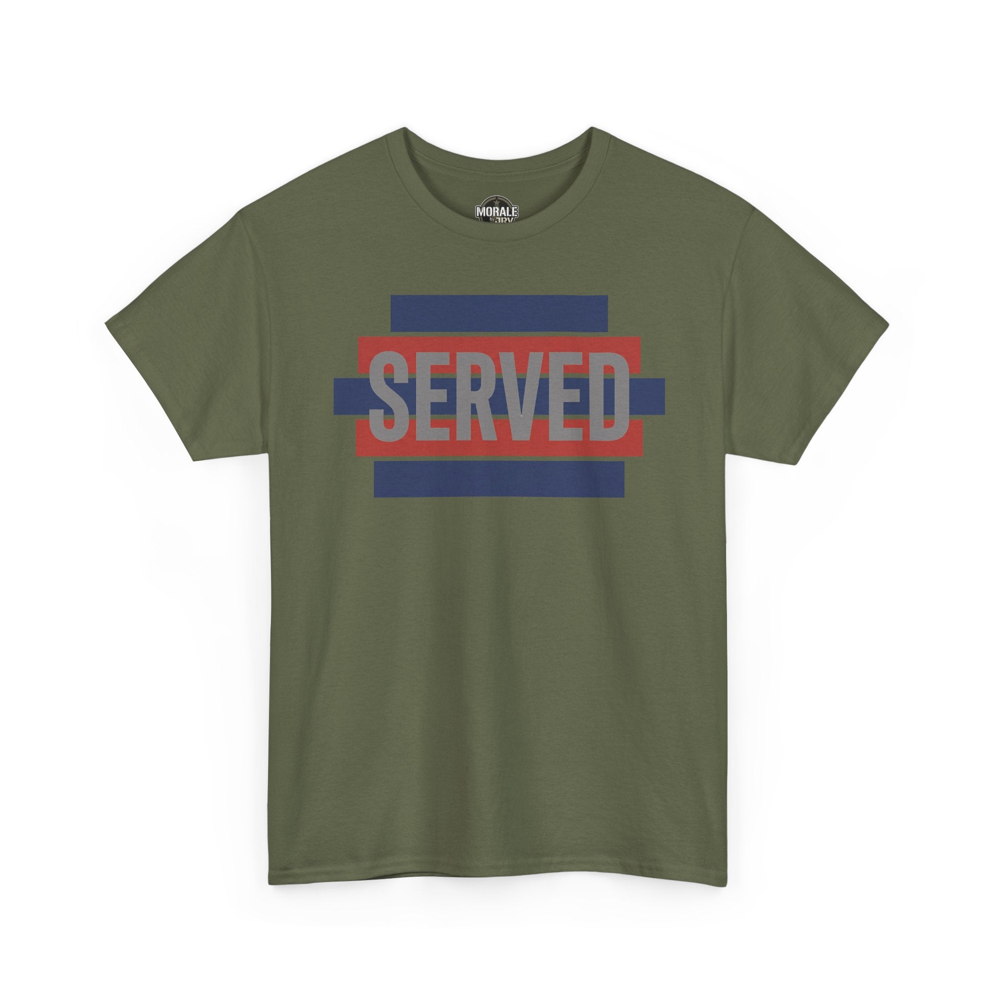Military green T-shirt with 'SERVED' graphic in blue, red, and white stripes.