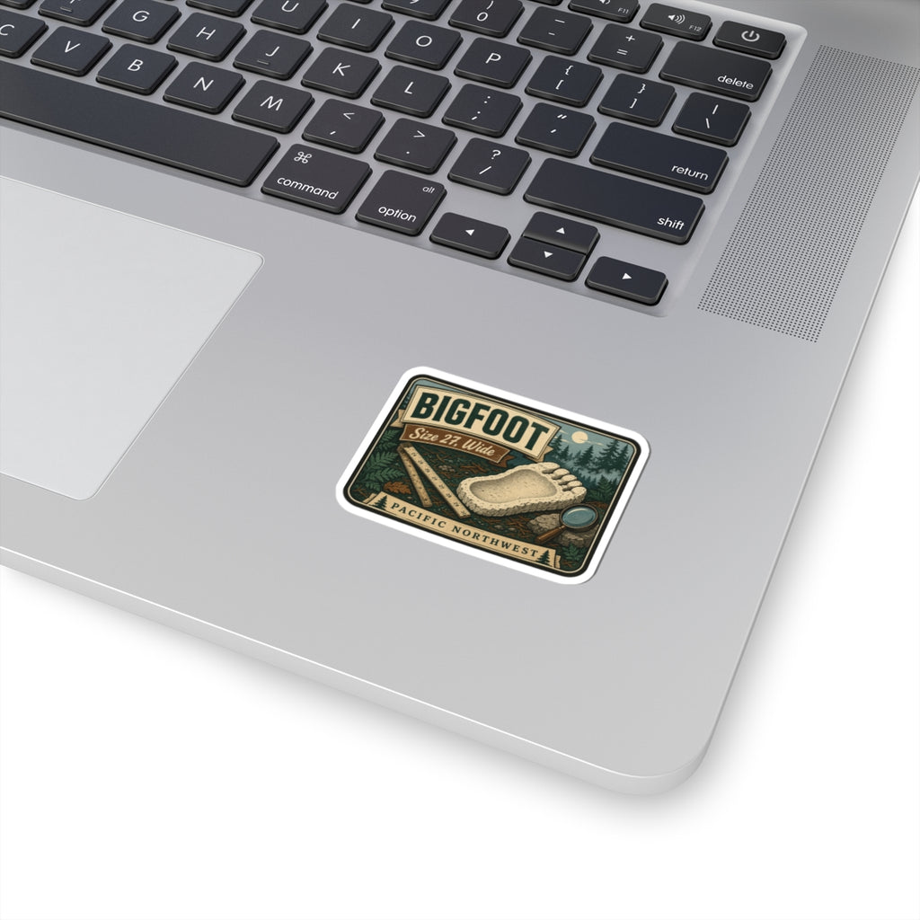 Bigfoot footprint decal with retro landscape graphic and green mountain scene, white border