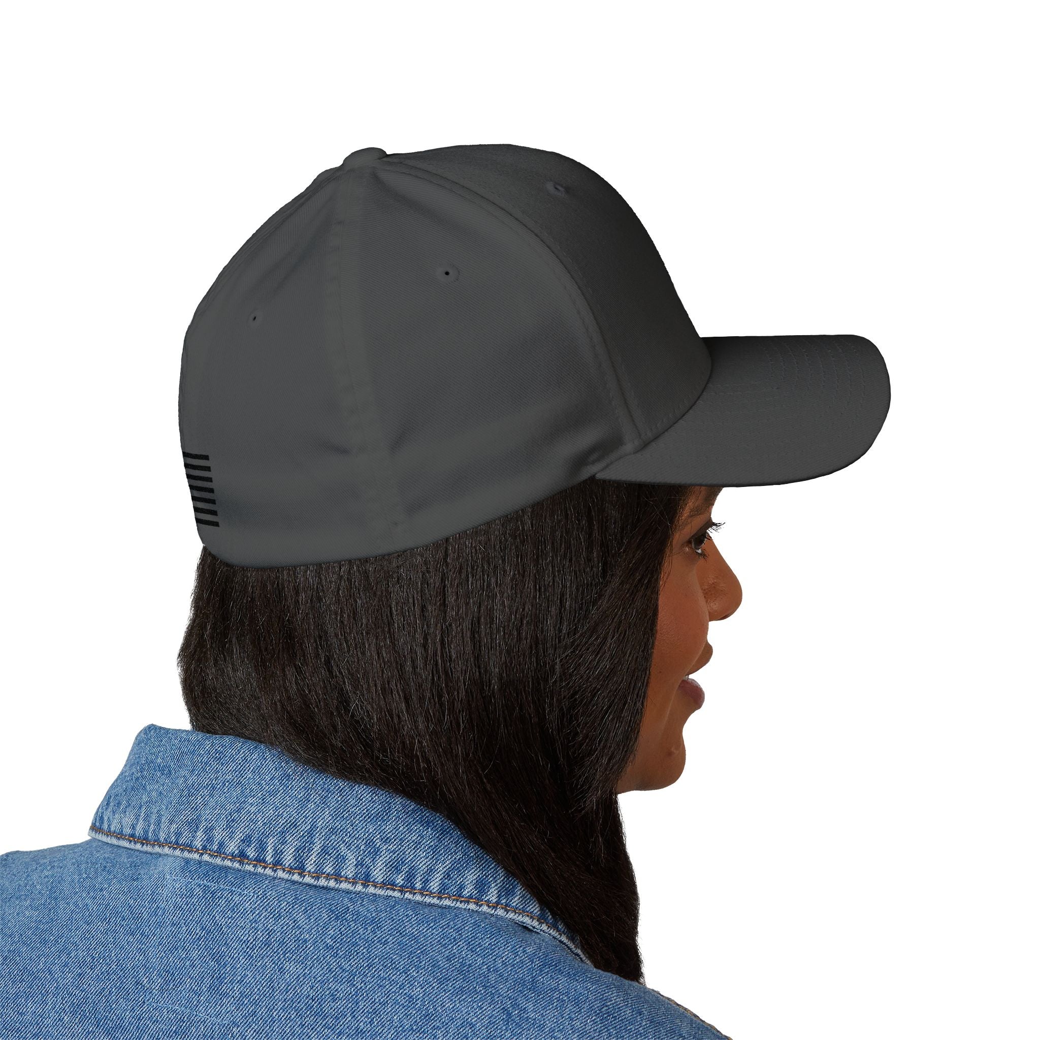 Black embroidered baseball cap with flag stripe patch on side