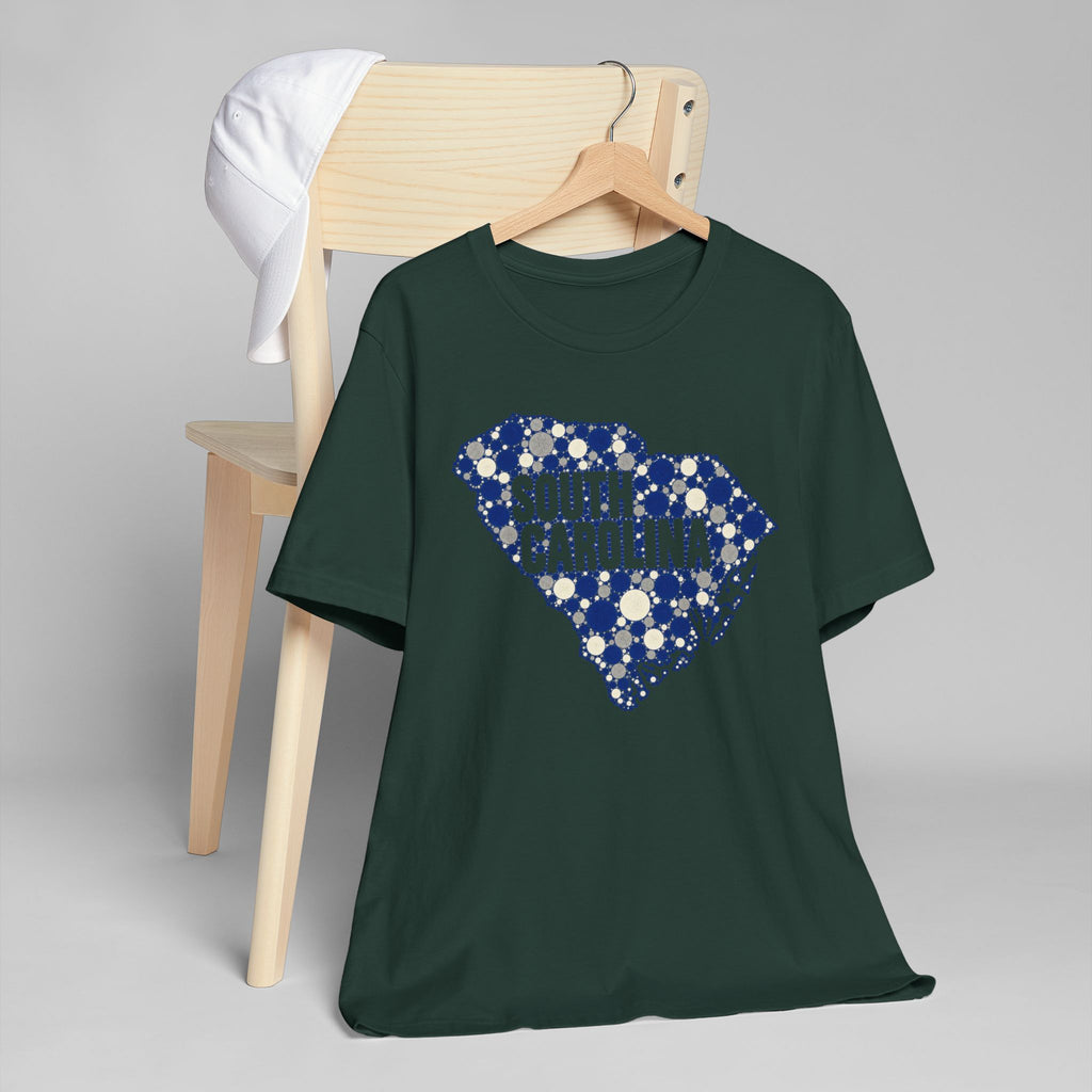Dark green crewneck t-shirt with blue floral map South Carolina graphic