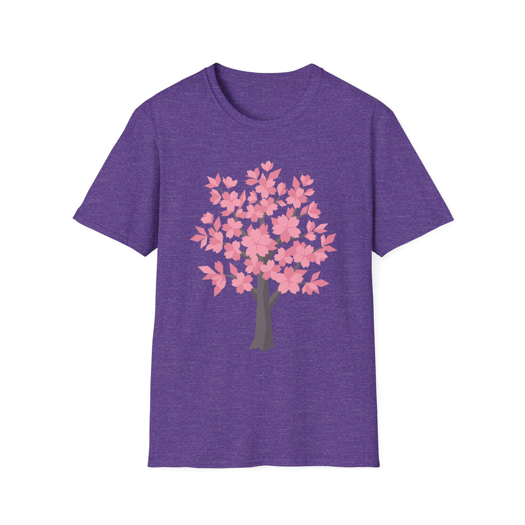 Dark heather purple T-shirt with pink cherry blossom tree graphic on front