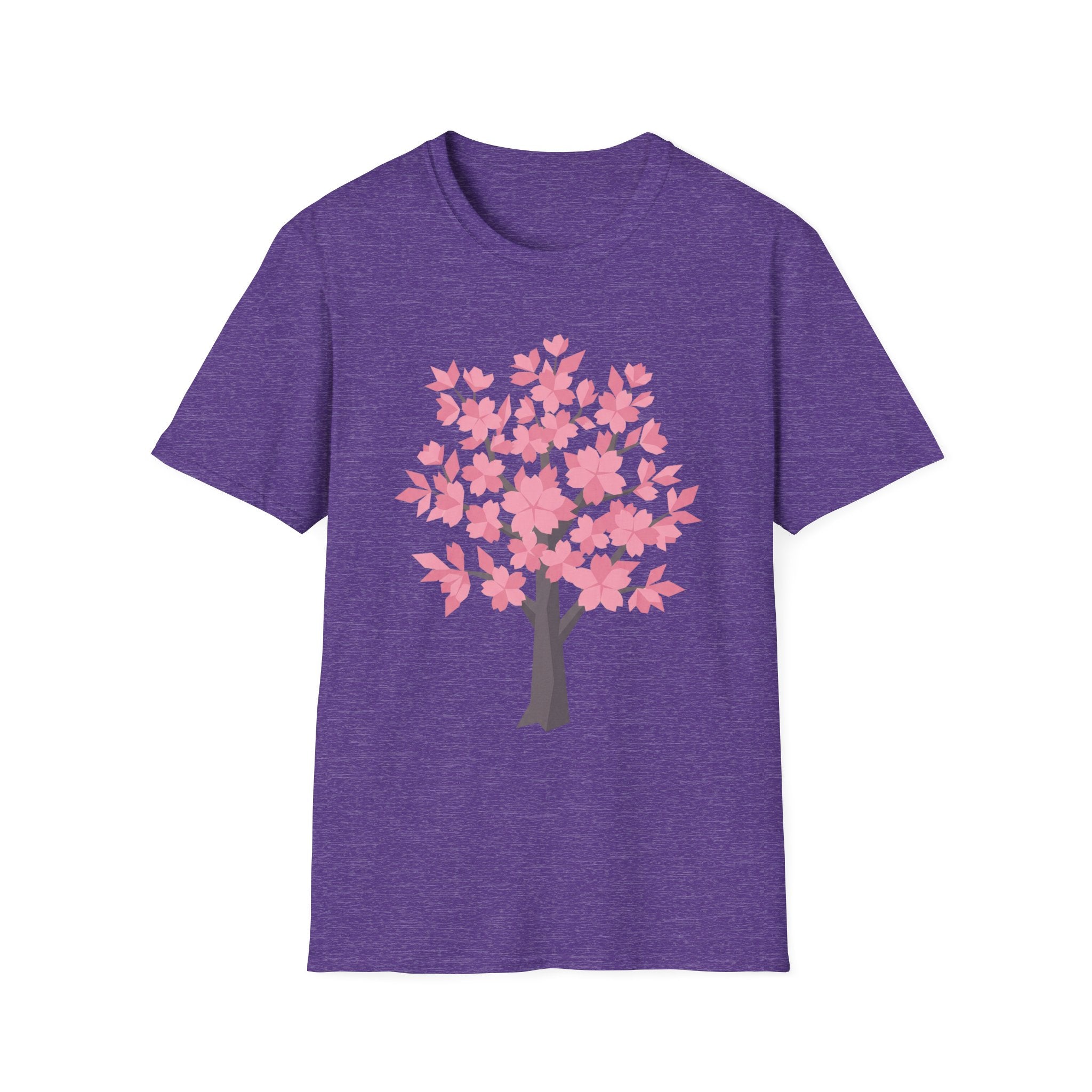 Dark heather purple T-shirt with pink cherry blossom tree graphic on front