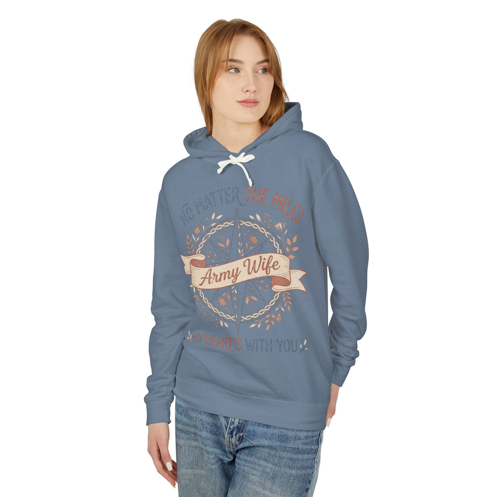 Slate-blue hoodie sweatshirt with hood and front pocket, front wreath graphic and text