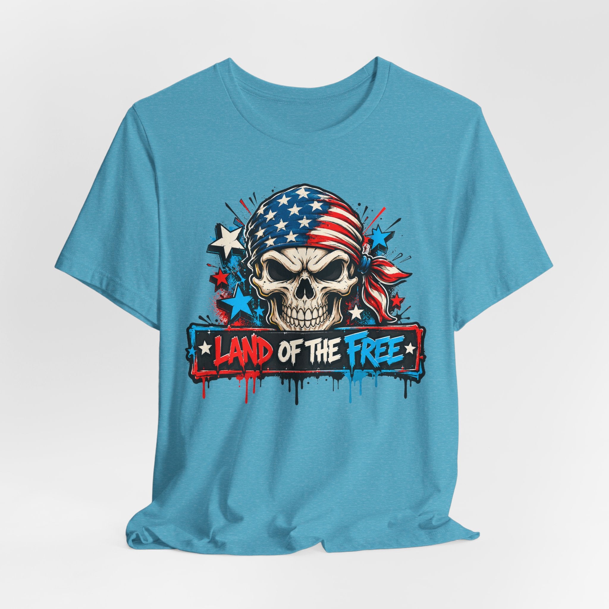 Aqua crew-neck T-shirt with patriotic skull and “Land of the Free” graphic.