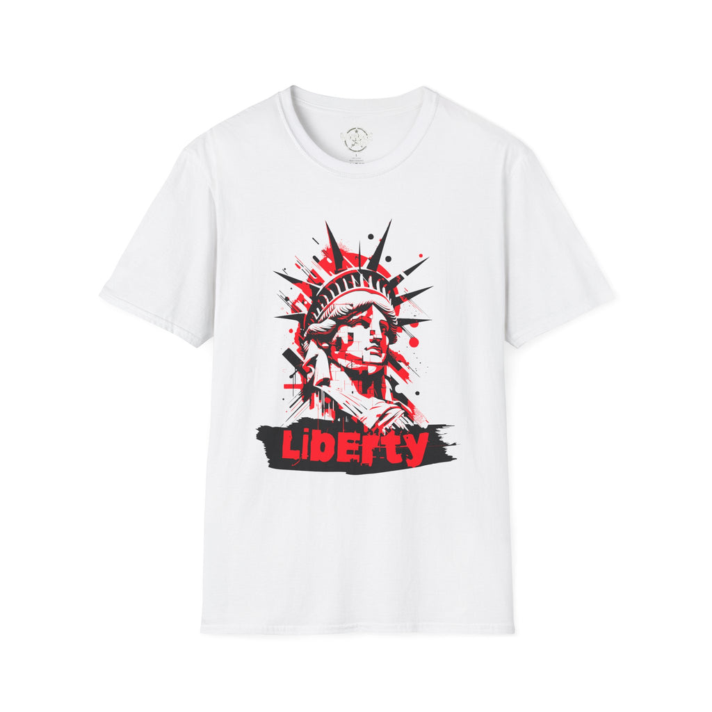 Liberty Statue graphic T-shirt, white; red-and-black “Liberty” print at chest