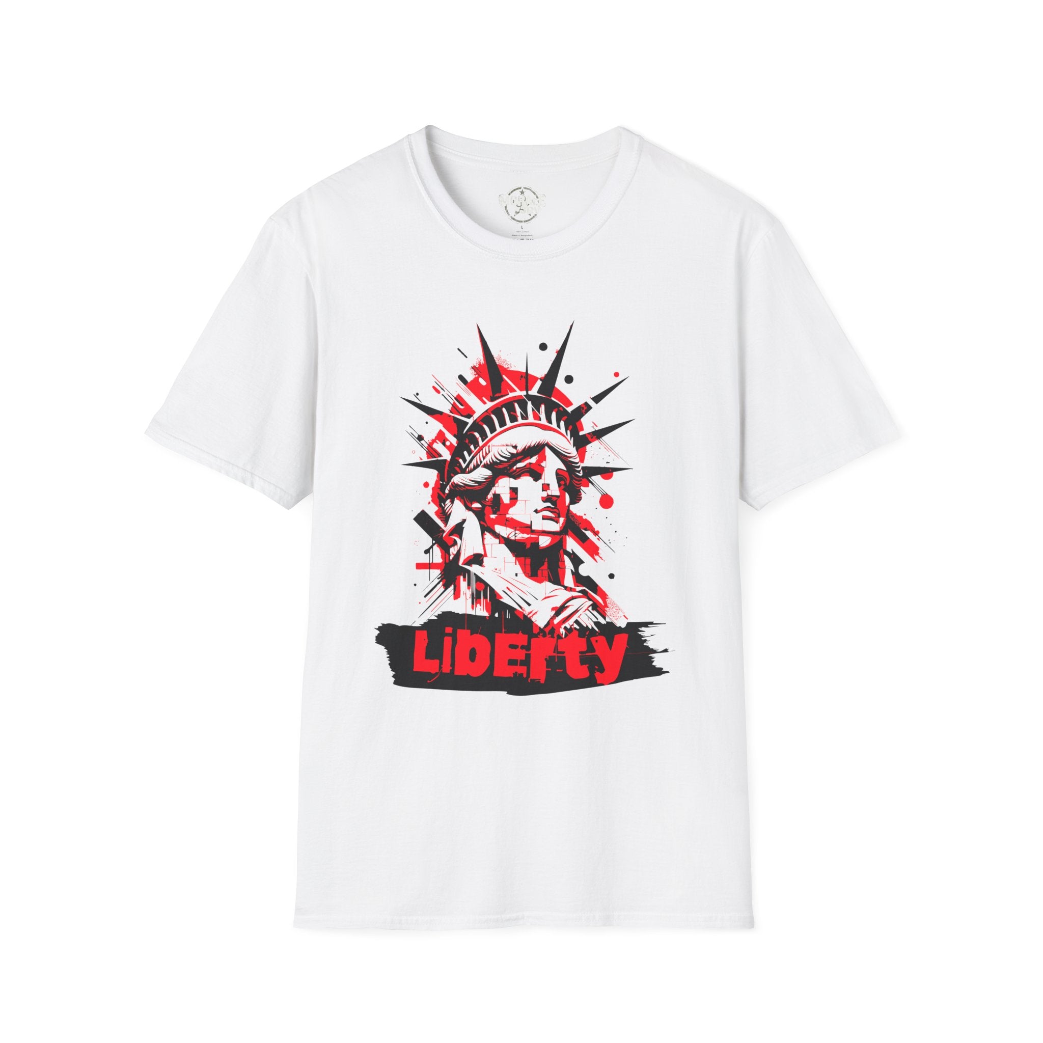 Liberty Statue graphic T-shirt, white; red-and-black “Liberty” print at chest