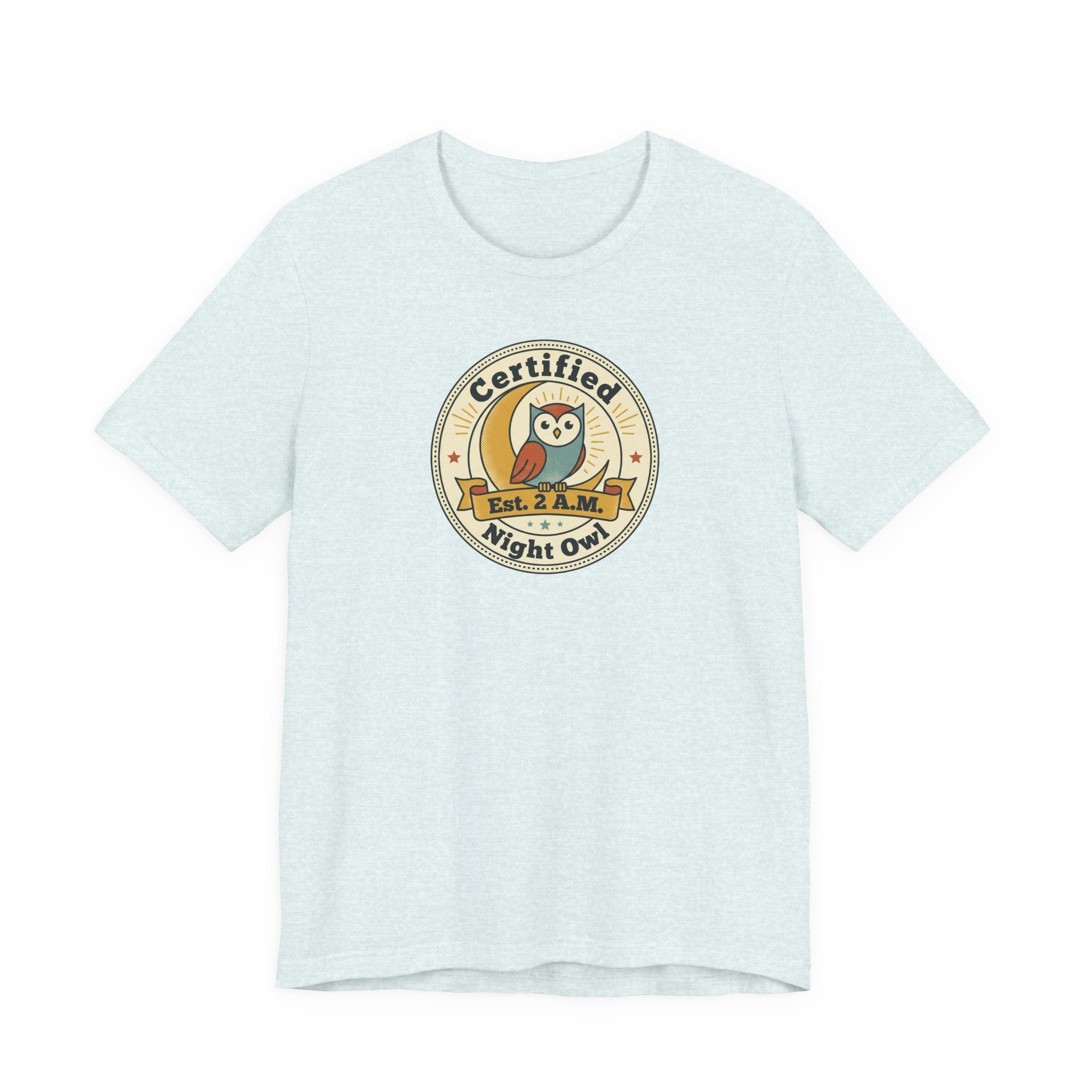 Light blue T-shirt with certified night owl badge graphic on chest