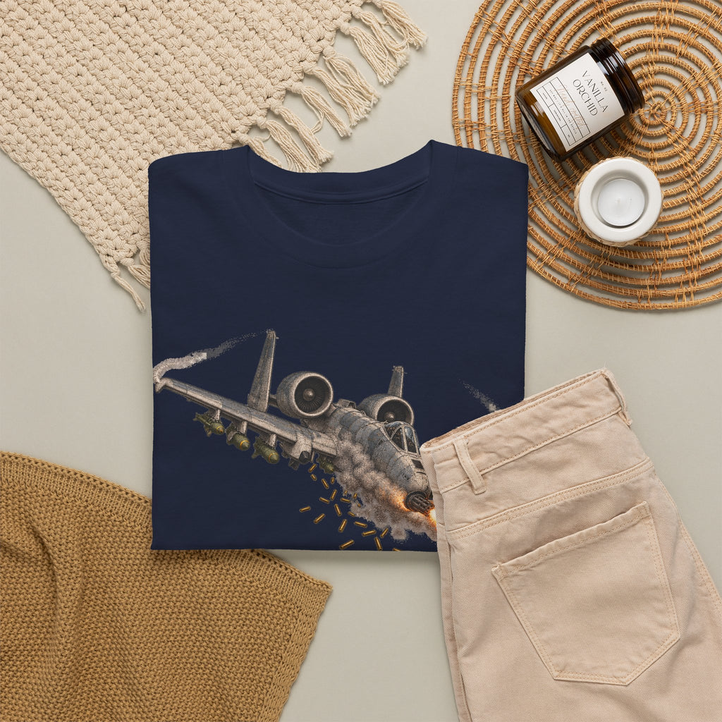 Navy T-shirt with front jet graphic and “GO UGLY EARLY” text detail