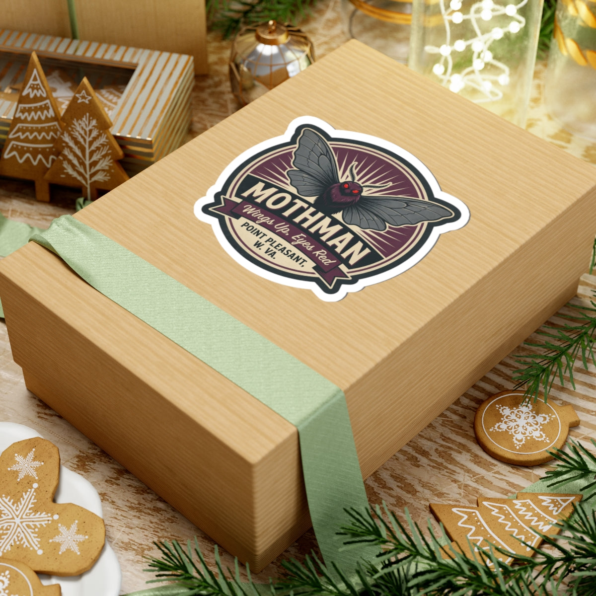 Mothman emblem kiss-cut sticker on a gift box, round badge with “Wings Up, Eyes Red”