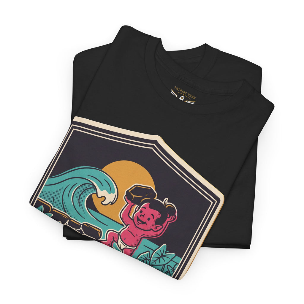 Kids' crest surf-wave graphic T-shirt in black with tiki child emblem front print