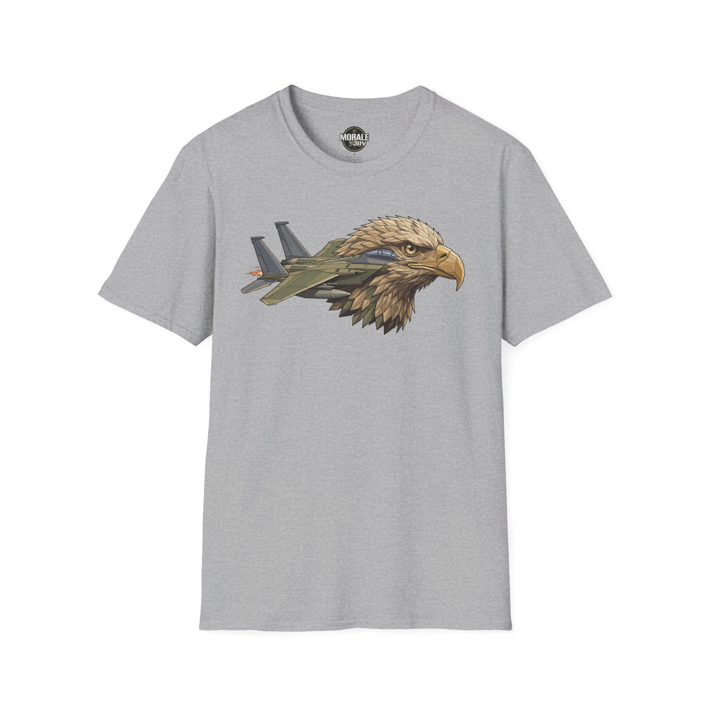 Heather gray t-shirt with eagle head and fighter jets graphic on the chest
