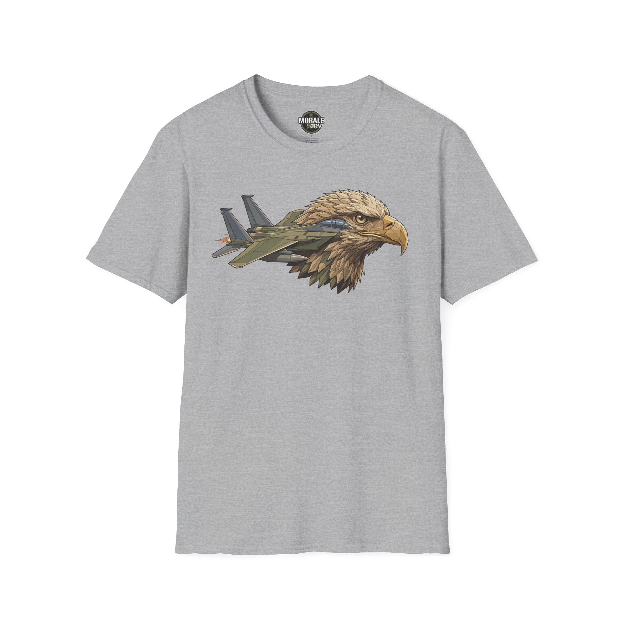 Heather gray t-shirt with eagle head and fighter jets graphic on the chest