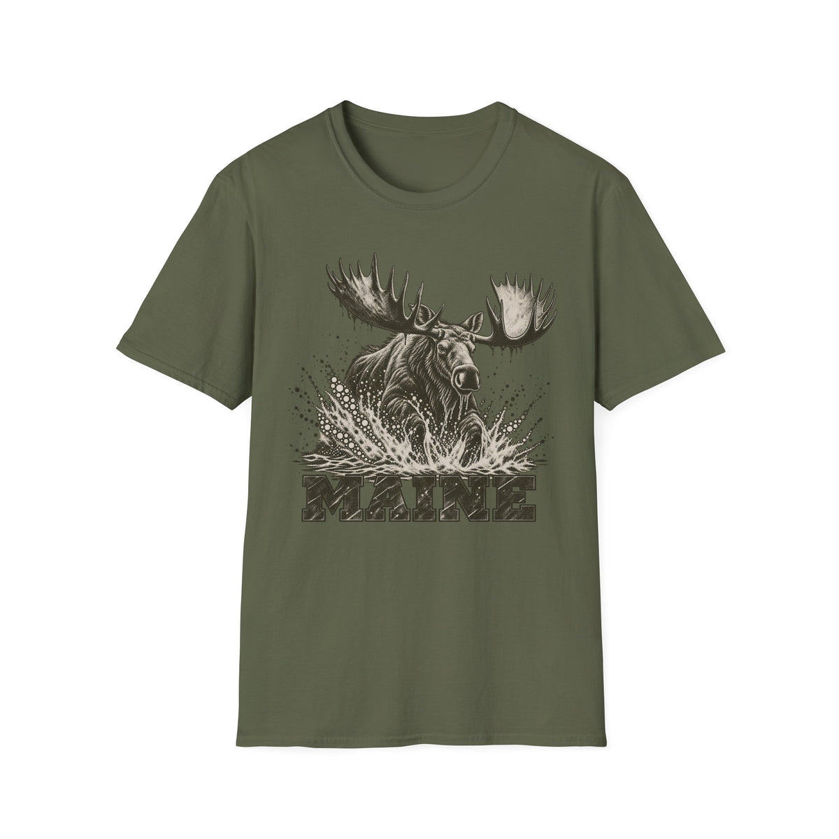 Military green moose graphic t-shirt with antlers splash and “MAINE” text