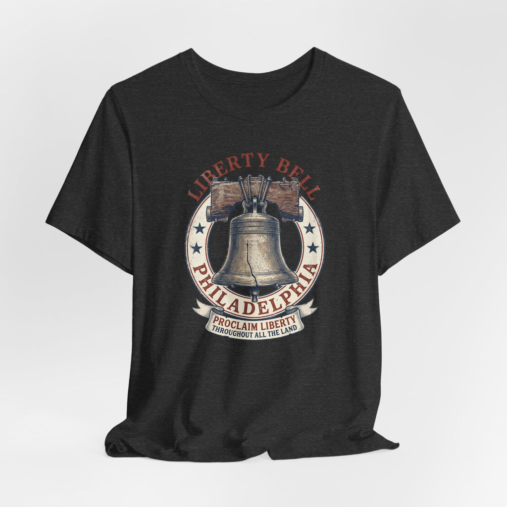 Black heather T-shirt with Liberty Bell Philadelphia emblem chest print.