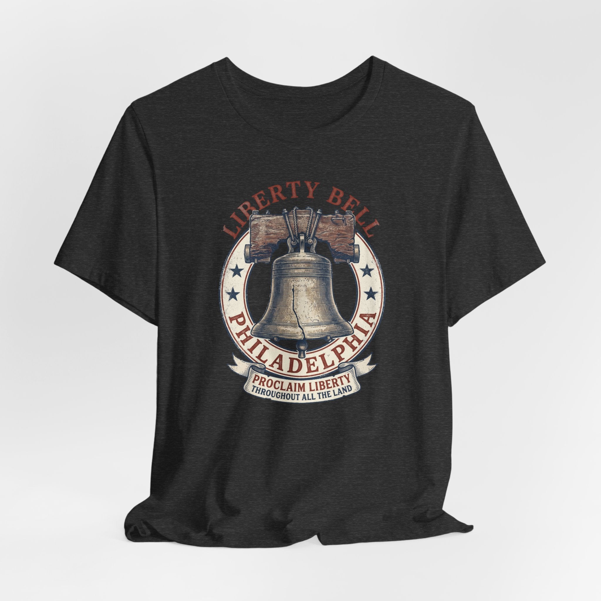 Black heather T-shirt with Liberty Bell Philadelphia emblem chest print.