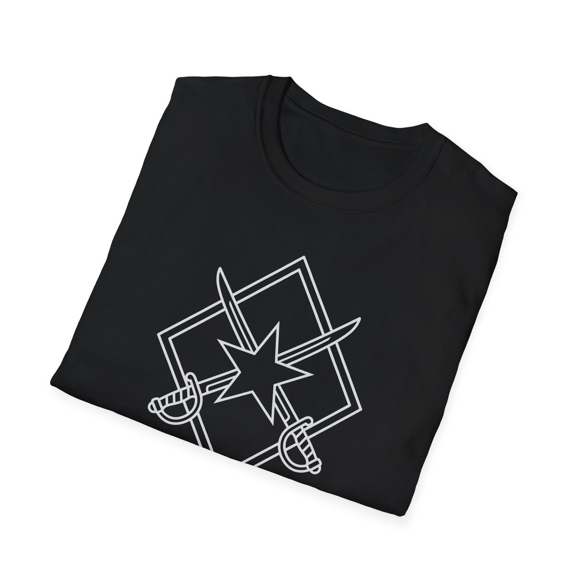 Black T-shirt with crew neck and front graphic of crossed swords and star emblem