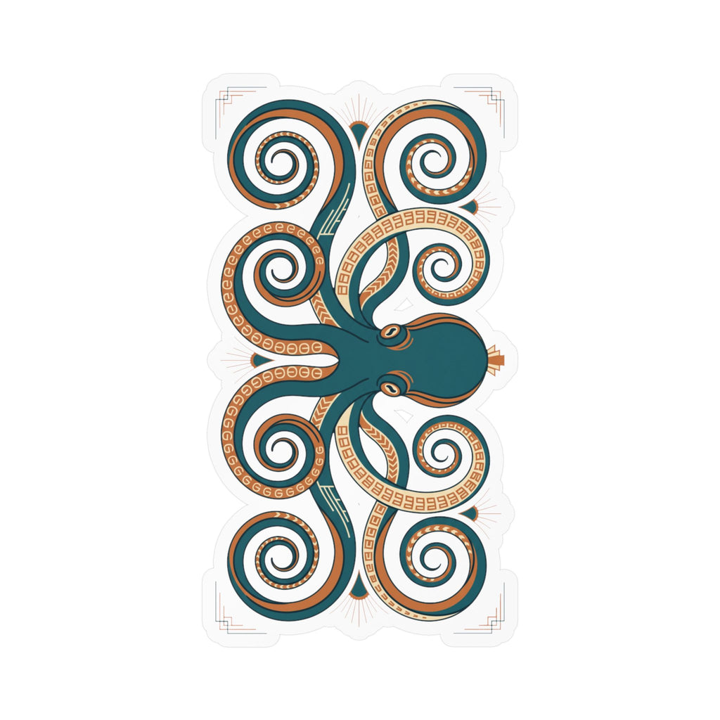 Ornate octopus vinyl decal, teal octopus with decorative orange spiral tentacles