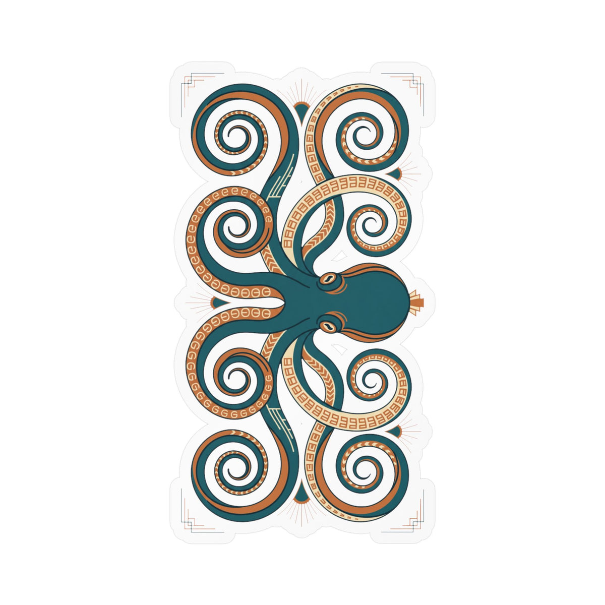 Ornate octopus vinyl decal, teal octopus with decorative orange spiral tentacles