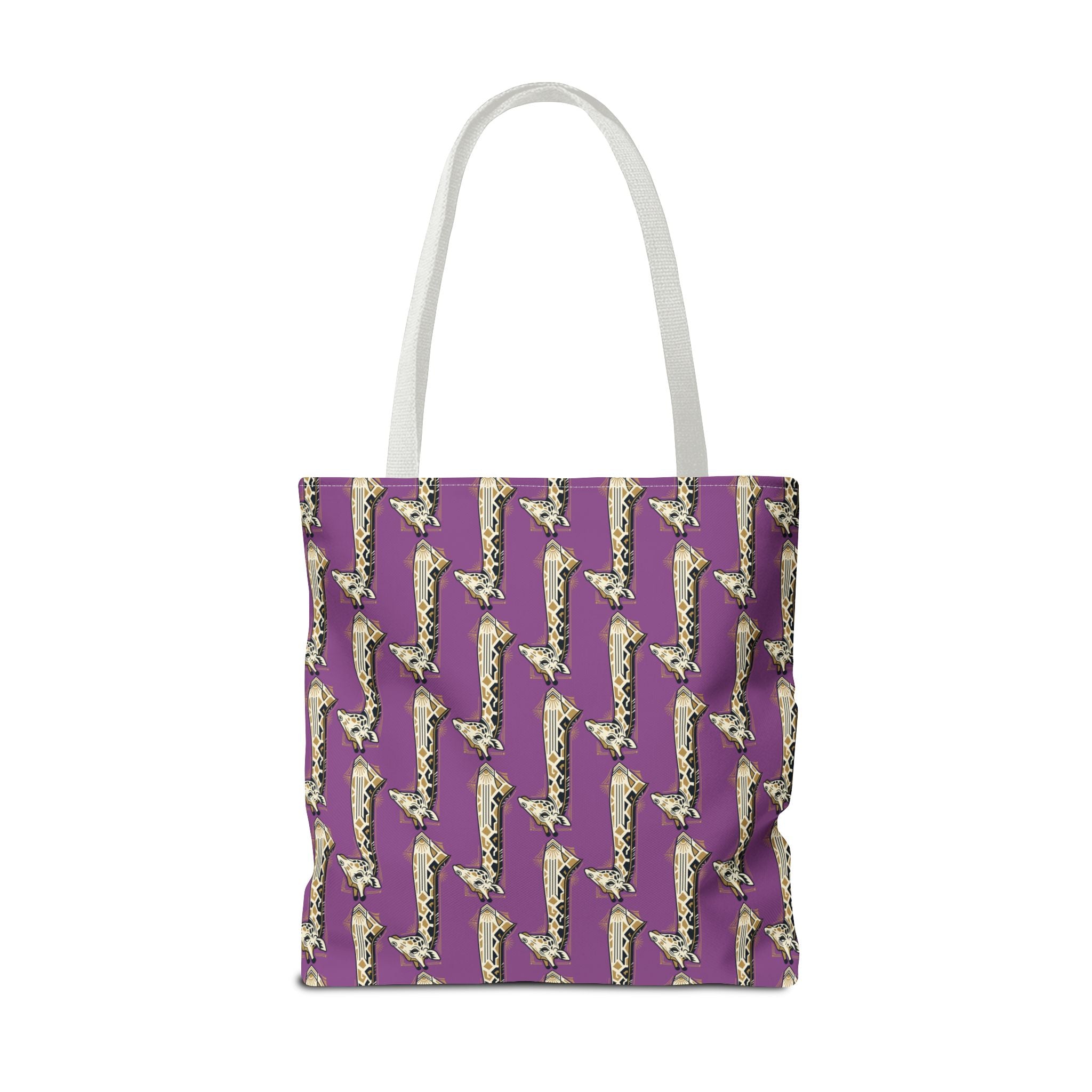 Purple saxophone patterned tote bag front view with white handles