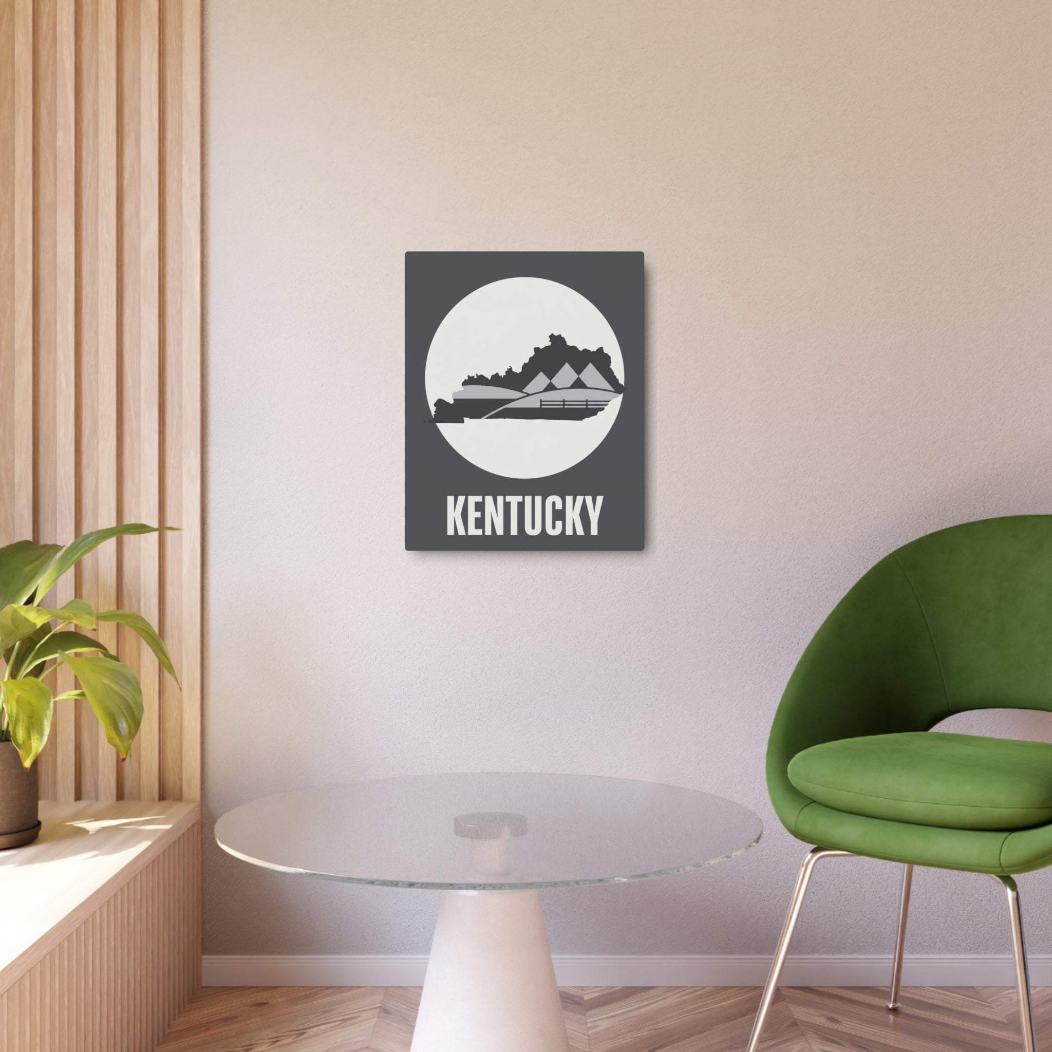 Metal wall art sign with moon circle, Kentucky state silhouette and barn hills, KENTUCKY lettering