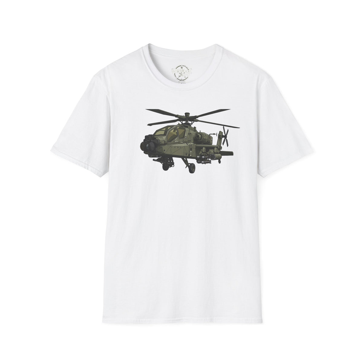 White AH-64 Apache helicopter t-shirt front view with helicopter graphic