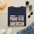 Patriotic T-shirt in navy with 'Proud To Be American' star-and-stripe front graphic