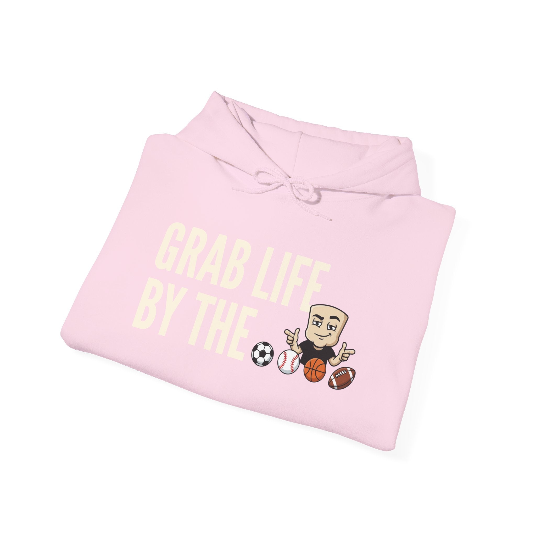 Light pink pullover hoodie with "GRAB LIFE BY THE" sports ball graphic