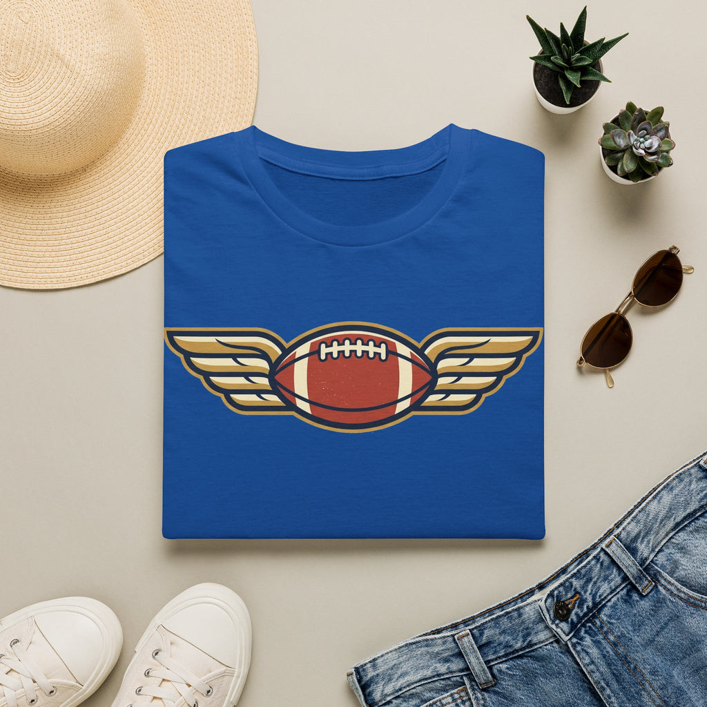 Royal blue crewneck t-shirt with winged football graphic on the chest