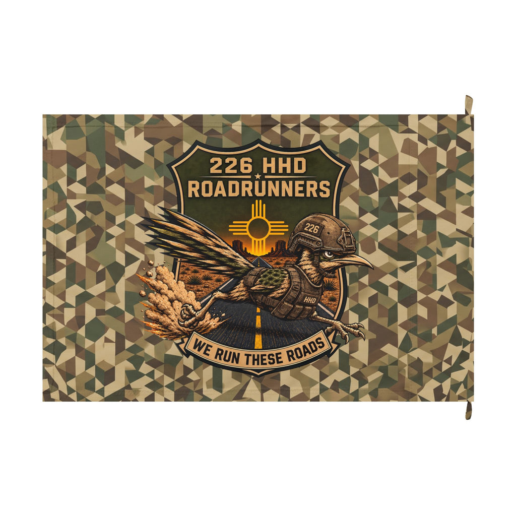 226 HHD Roadrunners Camo Flag – “We Run These Roads” Double-Sided Military Garden Banner
