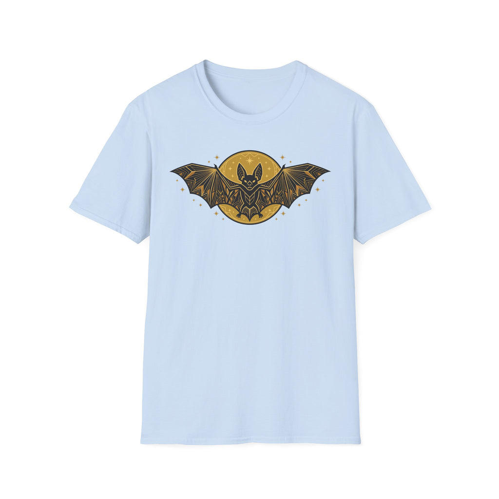 Light blue T-shirt with gold bat and moon graphic on the front