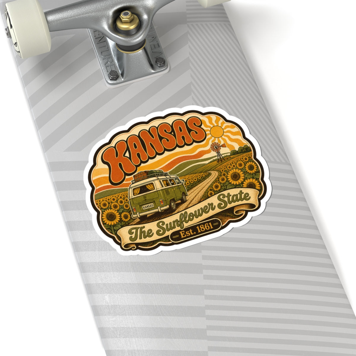 Kansas sunflower state die-cut sticker with green van, windmill, and Est. 1861.