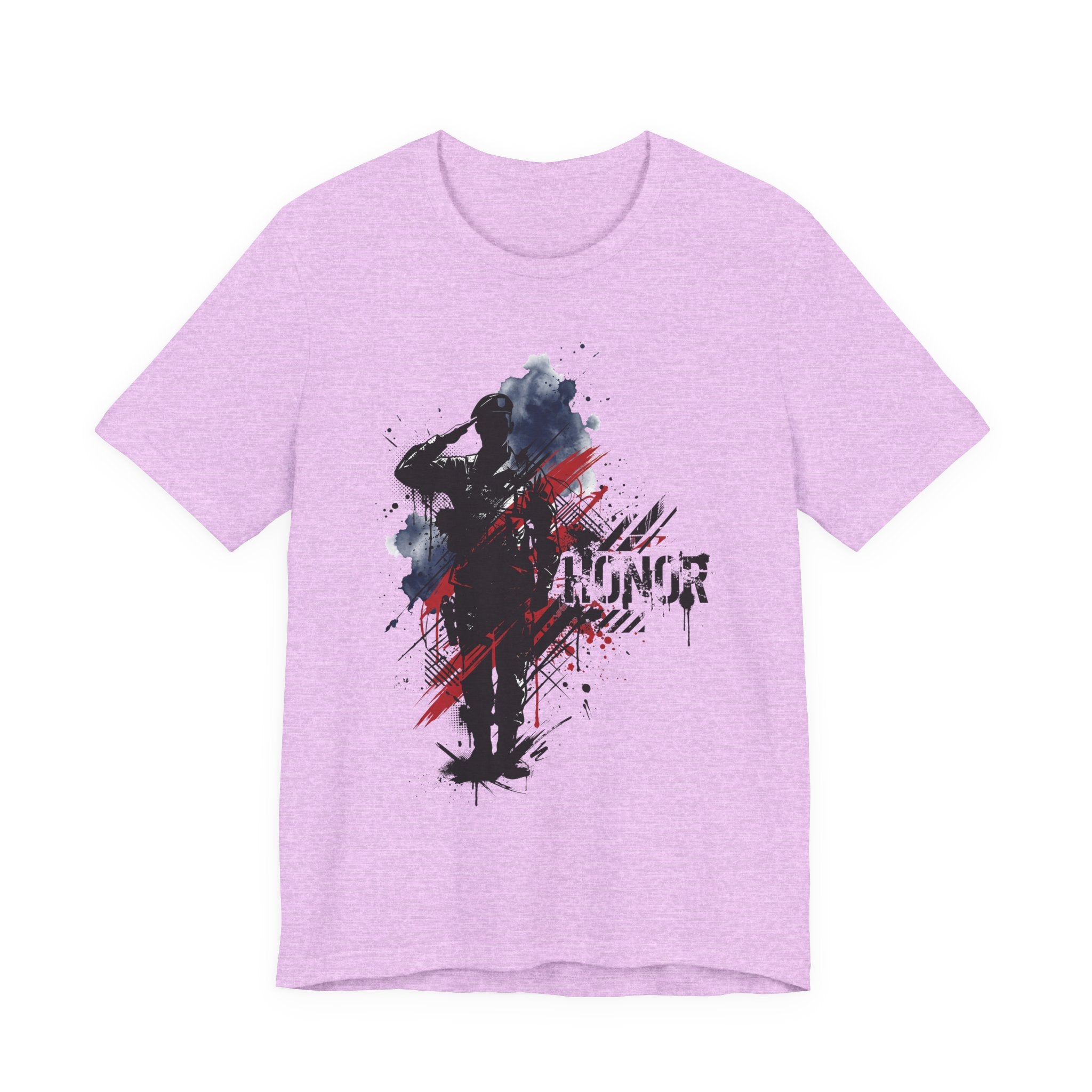 Heather purple T-shirt with black, blue, and red soldier silhouette graphic on the chest