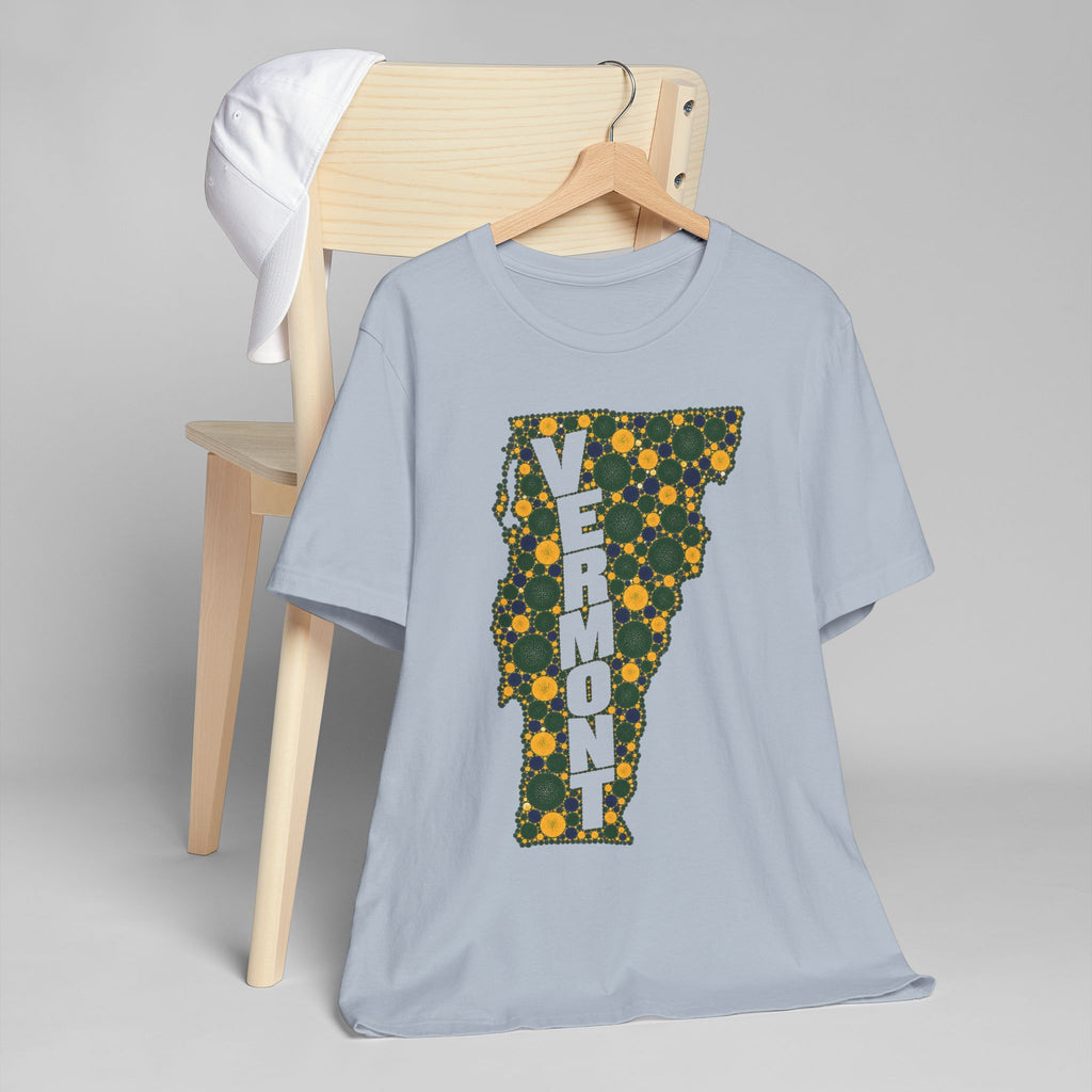 Light blue crew-neck T-shirt with vertical floral map letter graphic