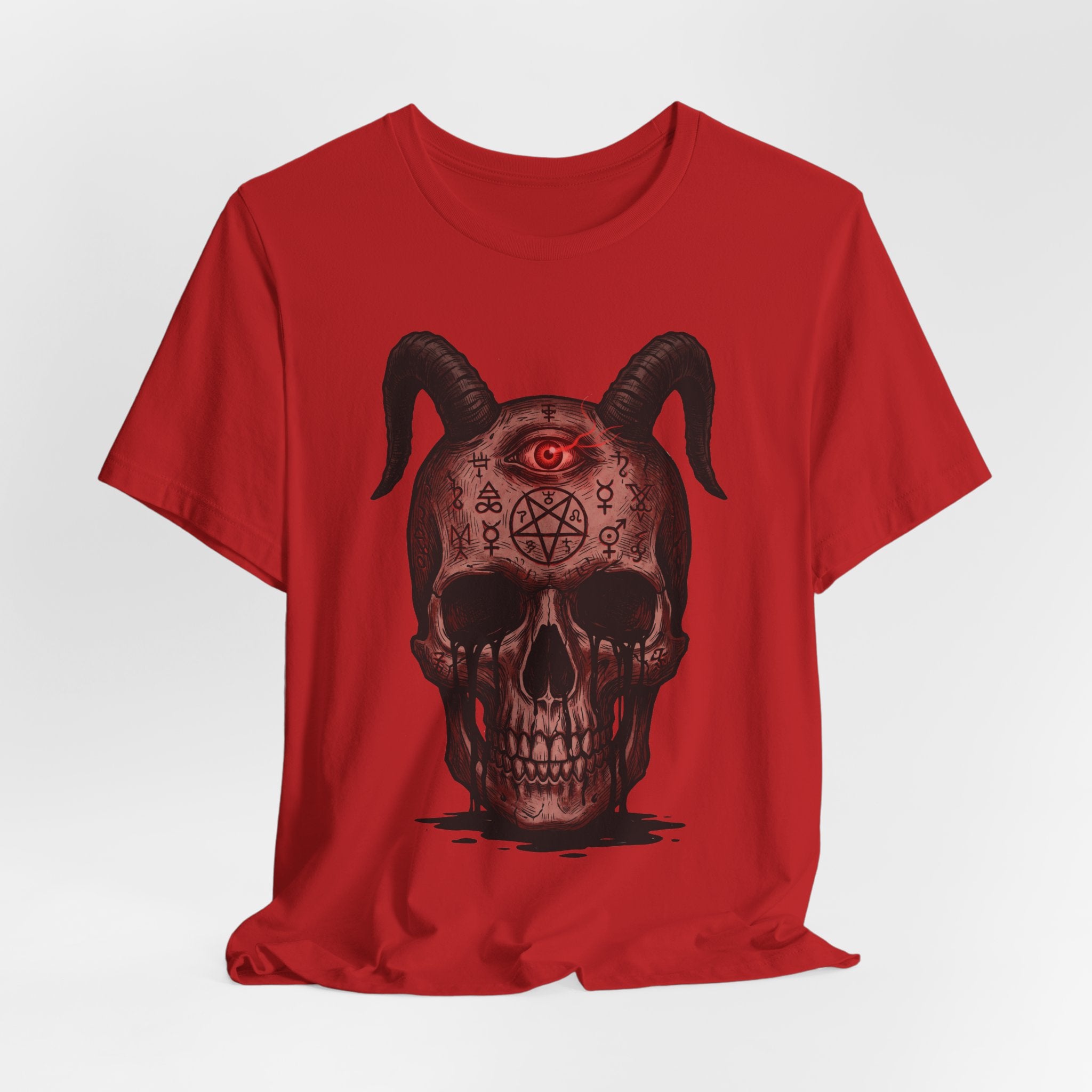 Red T-shirt with horned skull graphic, glowing red eye and occult symbols