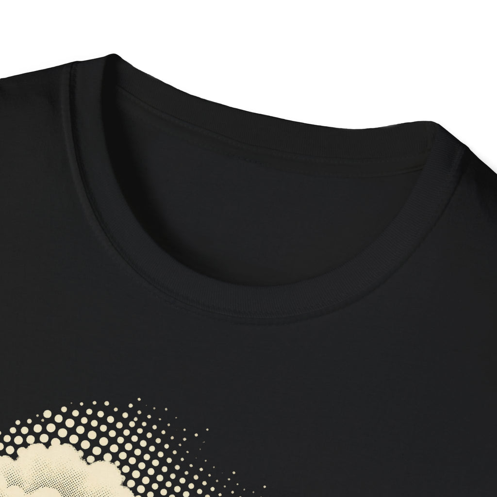 Black T-shirt close-up of neckline with top portion of vintage car halftone graphic