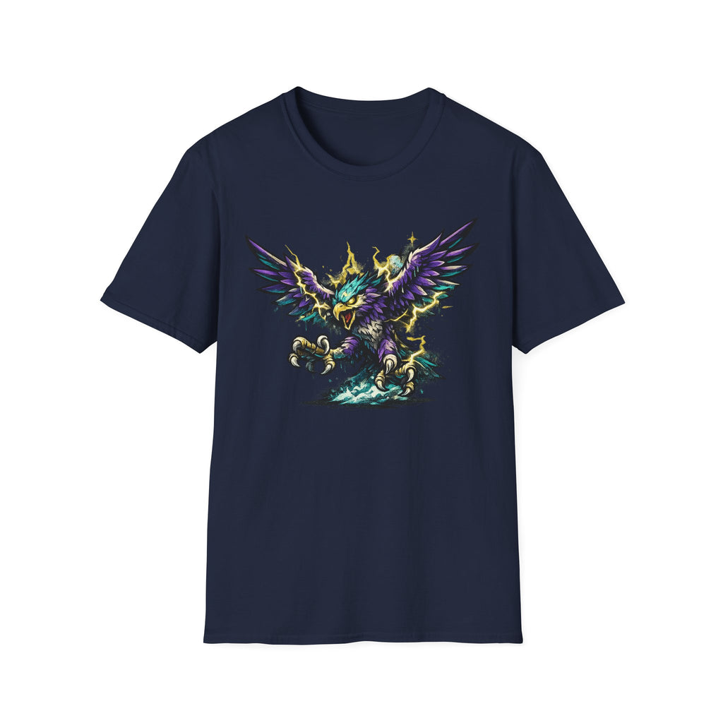 Navy crew-neck T-shirt with colorful lightning bird graphic on the chest