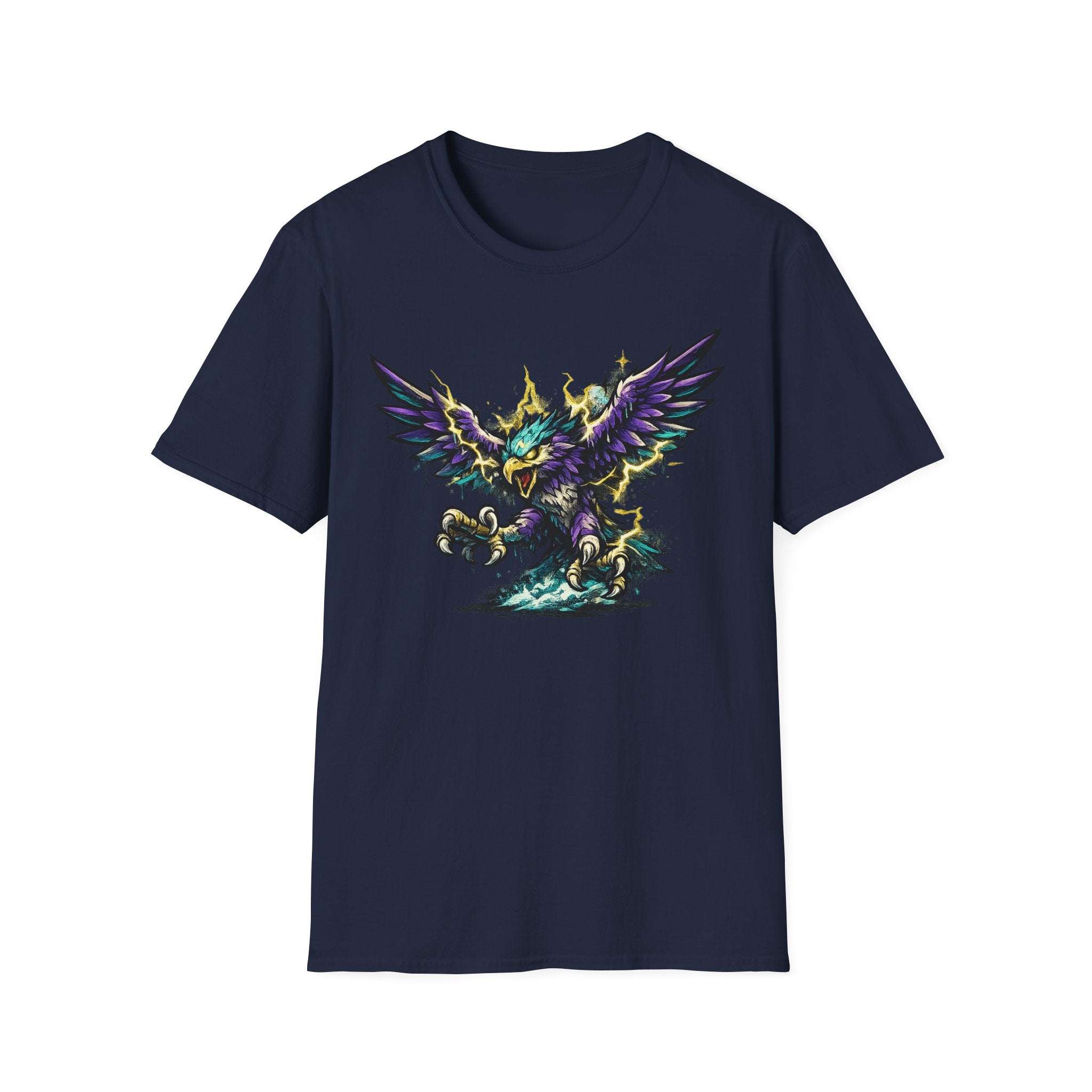 Navy crew-neck T-shirt with colorful lightning bird graphic on the chest